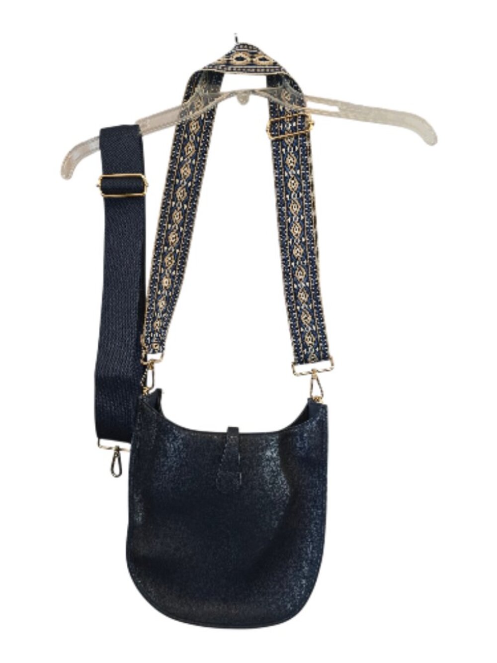 AHDORNED VEGAN LEATHER CROSSBODY BAG MESSENGER 2 GUITAR STRAPS NAVY BLUE NWOT